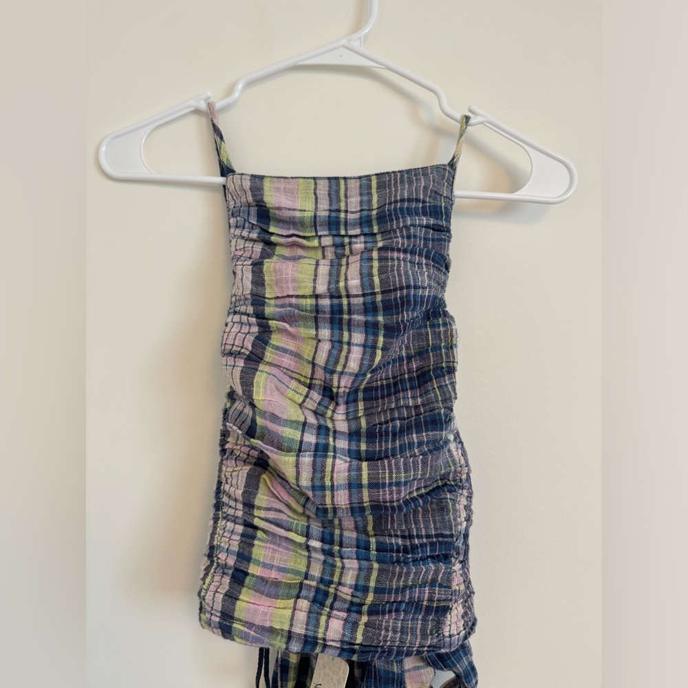 Free People Linen Plaid Tie Top